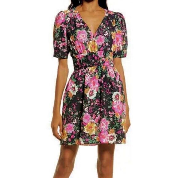 NEW - CHARLES HENRY Floral Smocked Waist Minidress - Picture 1 of 8